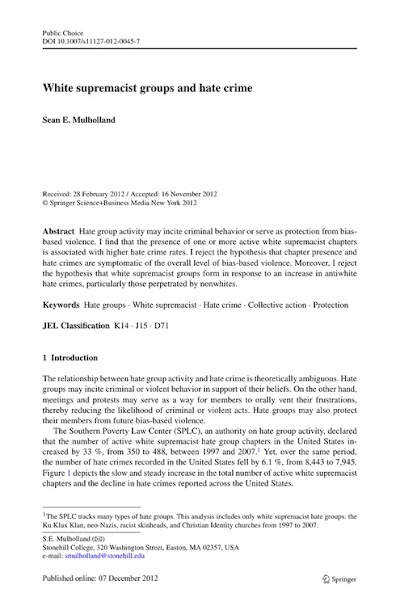 Mulholland, S.E.-White Supremacist Groups and Hate Crime , Public Choice,-Dec. 2012