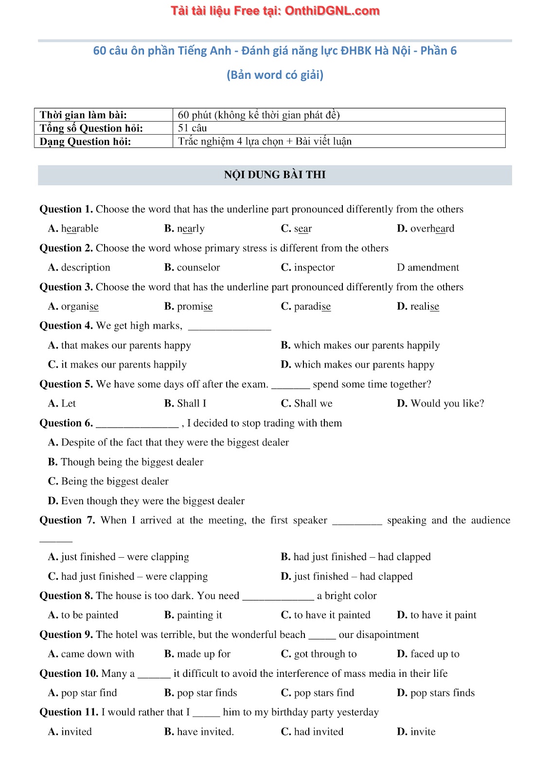 660 bài tập môn Tiếng Anh - Ôn thi ĐGNL ĐHBK Hà Nội Phần 6