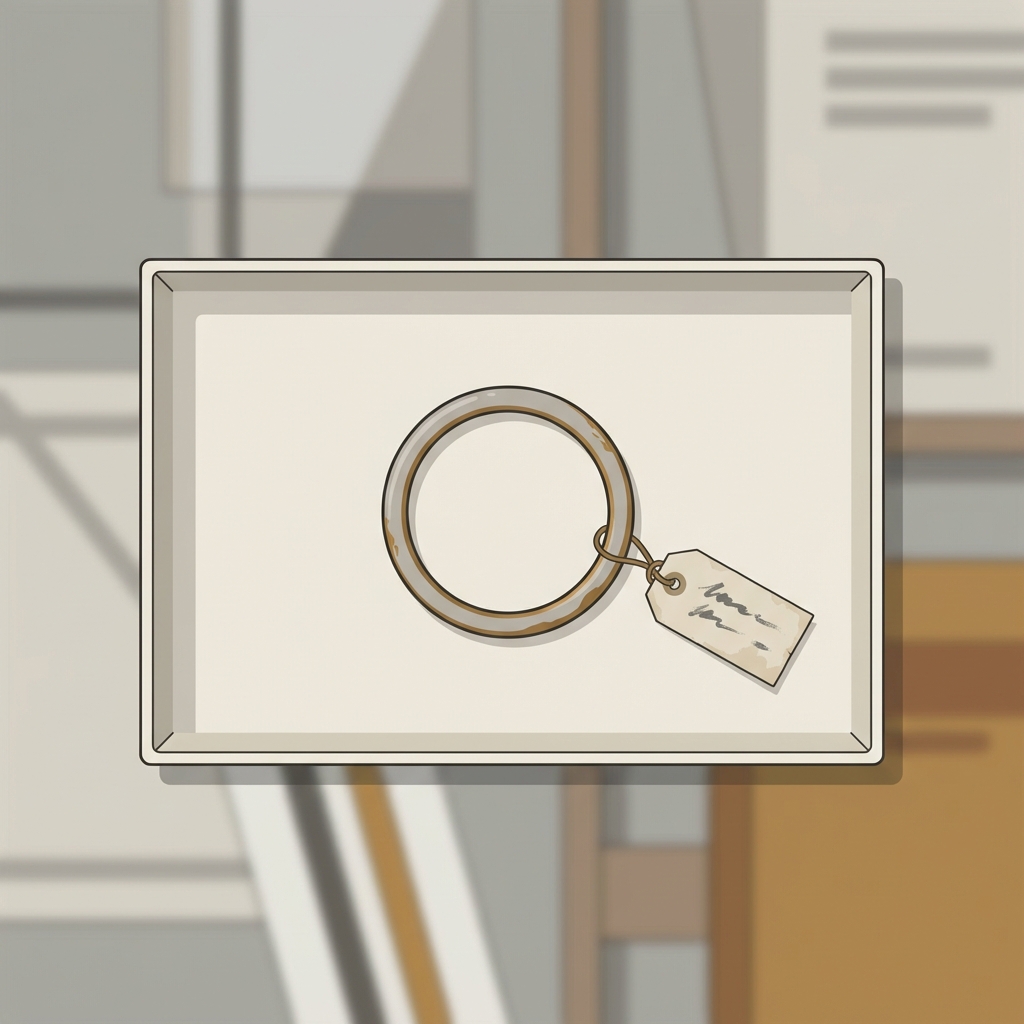 Minimal 2D vector of a worn bronze hoop on a small archival tray with an illegible handwritten provenance tag suggesting ancient engagement rings in a curator study setting