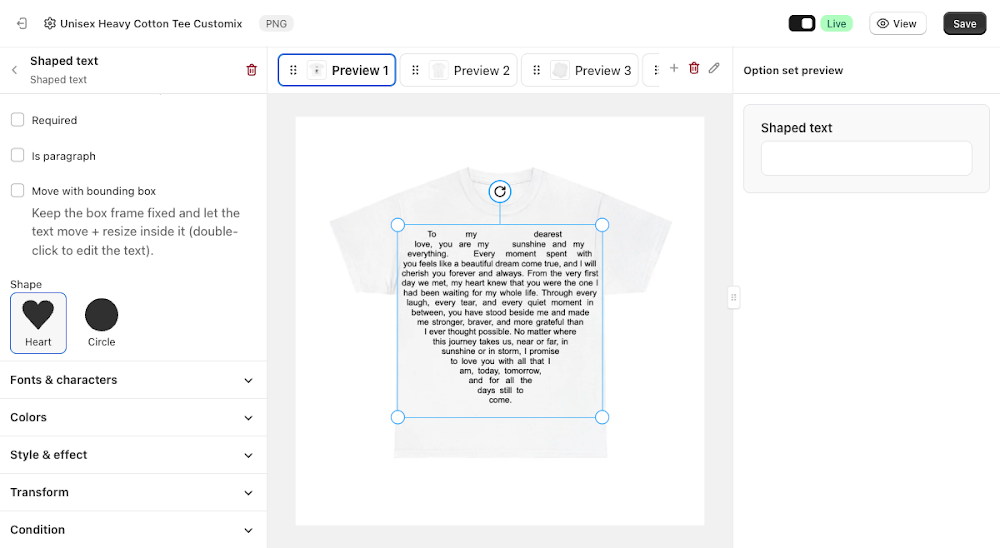 Required, Is paragraph, and Move with bounding box fields, and the Heart/Circle Shape picker