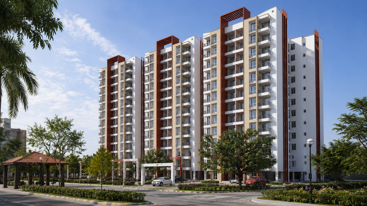 Park-facing residential development with landscaped arrival court