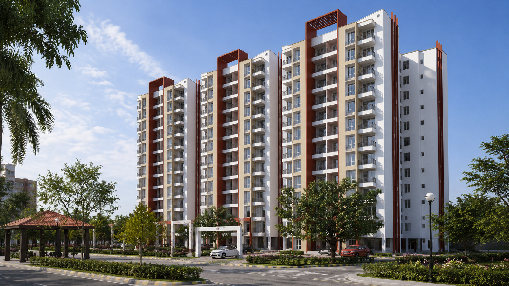 Park-facing residential development with landscaped arrival court