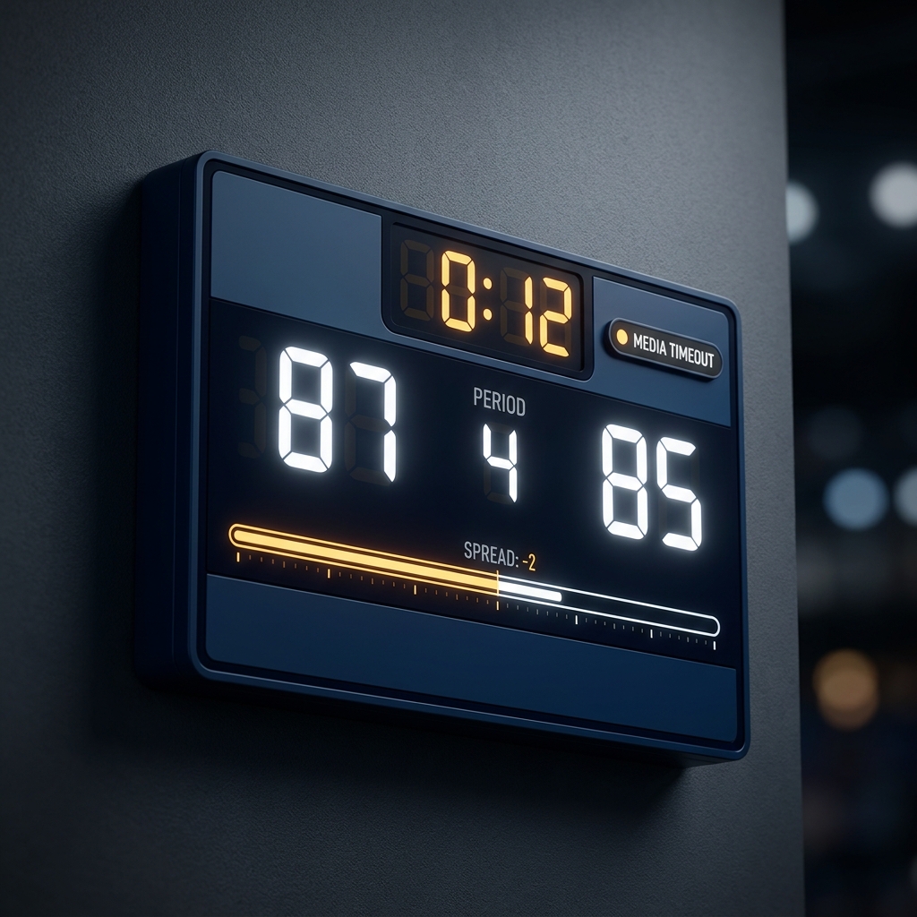 Close up of a scoreboard and shot clock with a graphic overlay showing a shrinking spread and a media timeout indicator for Trading College Basketball Rivalry Games in Funded Plays brand colors