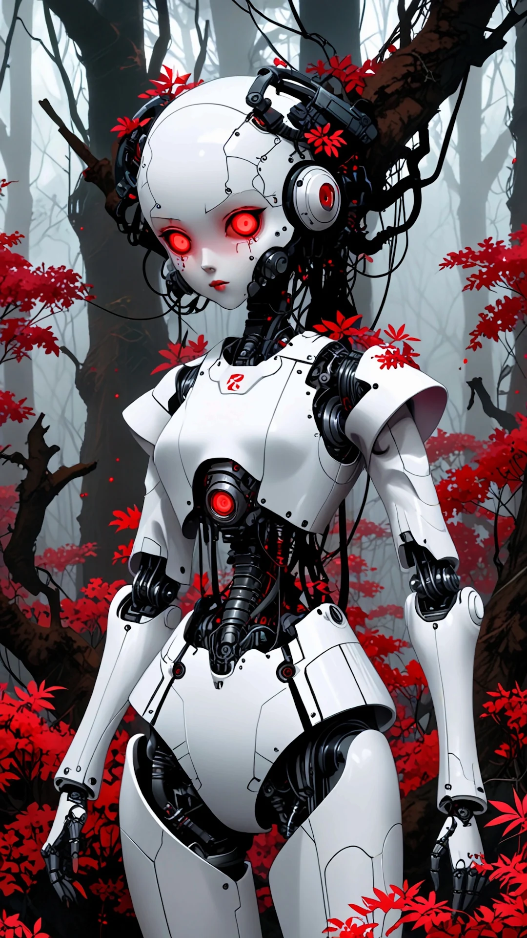 White robot with red eyes stands in forest of crimson leaves - Free 4K mobile Wallpaper