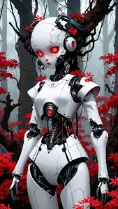 White robot with red eyes stands in forest of crimson leaves
