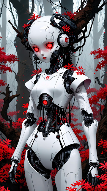 White robot with red eyes stands in forest of crimson leaves - Free mobile Wallpaper