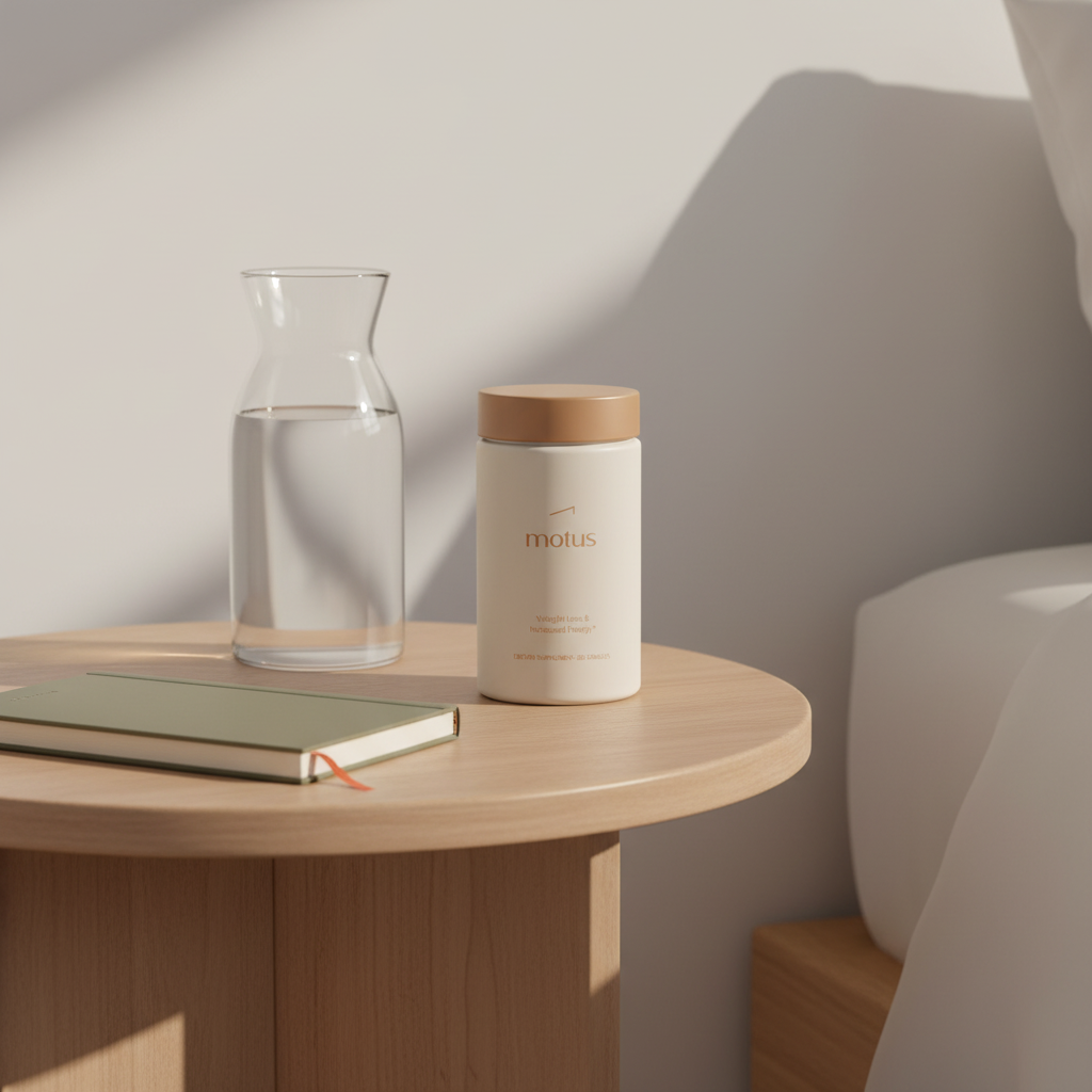 Tonum Motus container on a bedside table with a water carafe and journal in soft morning light, illustrating a daily ritual for a new prescription weight loss drug