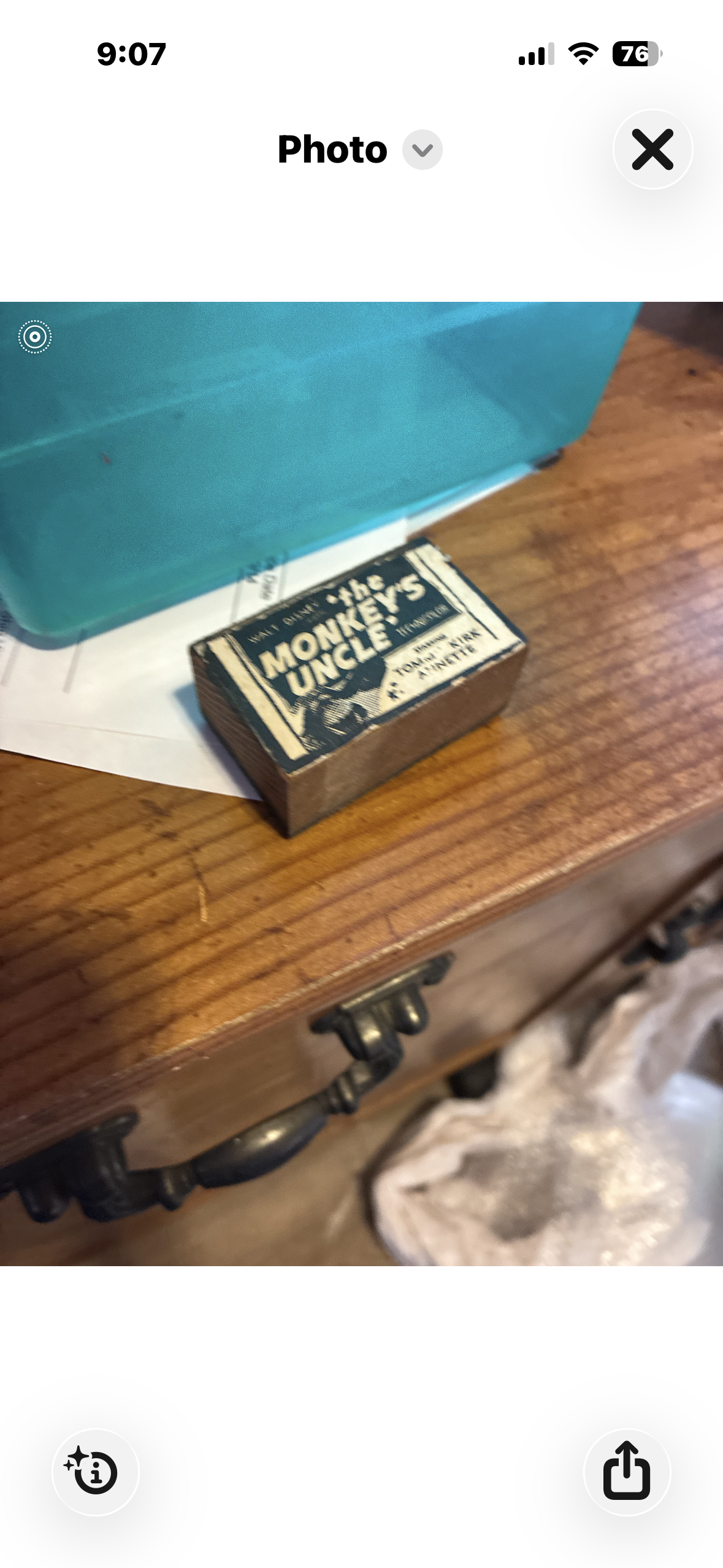 1965 The Monkey's Uncle promotional matchbox cover label mounted on a small wooden block, showing film title, Tommy Kirk and Annette Funicello credits, and Technicolor branding, with visible edge wear and aged wood base