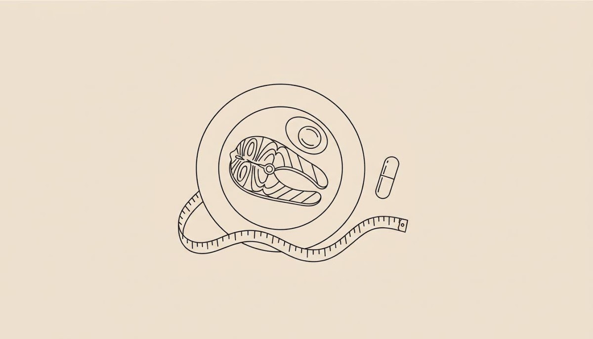 Minimal Tonum-style line illustration of a plate with a high-protein meal, a small supplement capsule, and a slim tape measure on a beige background, representing post menopause supplements for weight loss.
