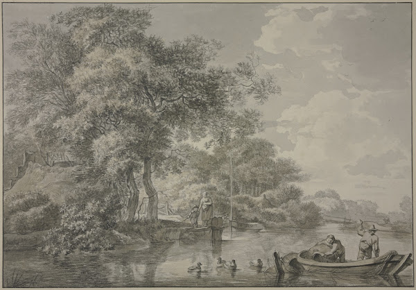 Baumpartie mit Fischerhütten an einem Fluss rechts im Vordergrund ein Kahn mit z