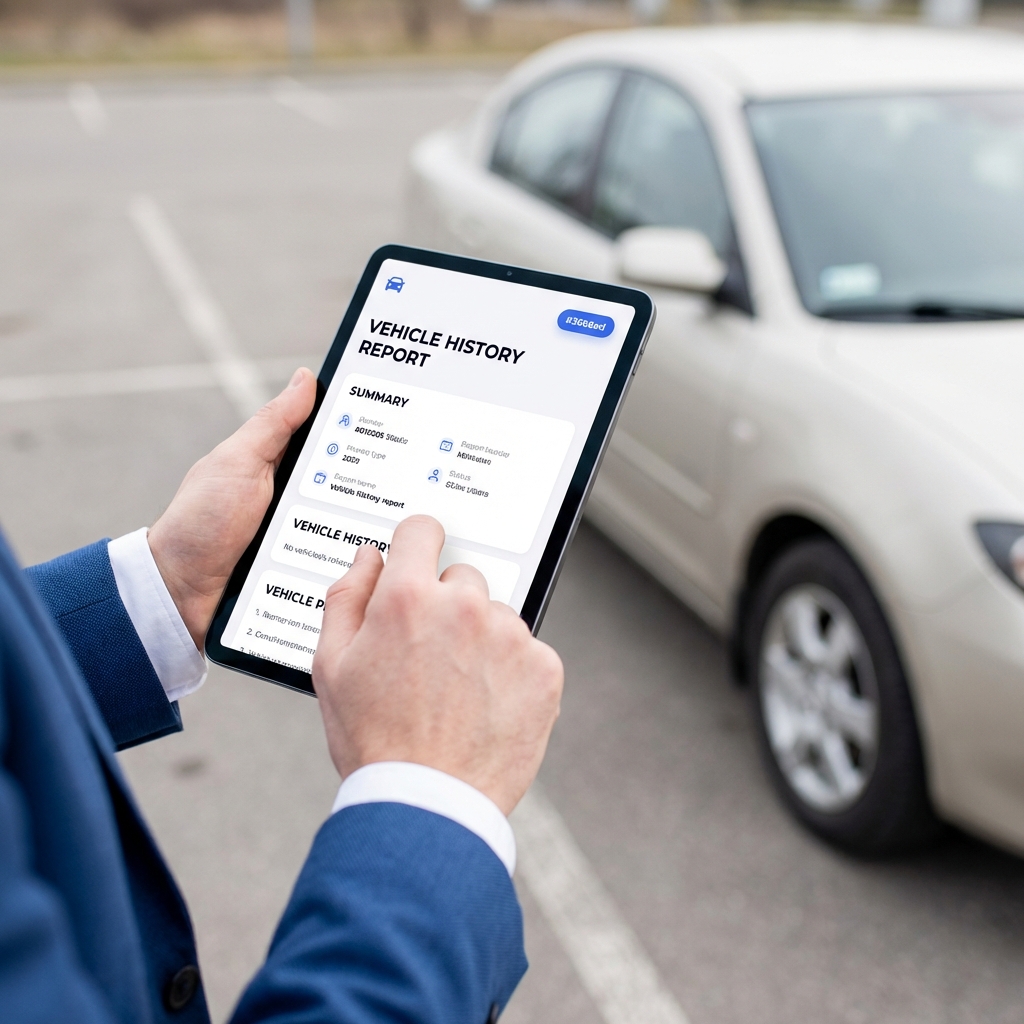 Person checking a vehicle history report on a tablet next to a parked used car close up realistic scene second hand cars in near me