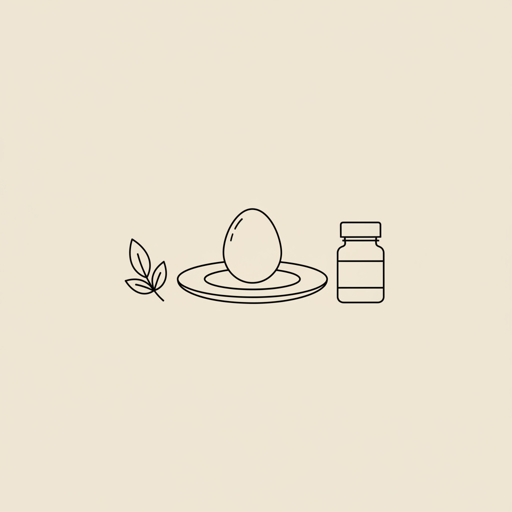 Minimalist vector line illustration of an egg on a plate with a leafy green outline and a capsule bottle silhouette on beige background — eggs and metabolic syndrome