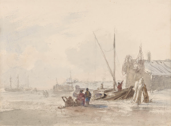 Strandgezicht met vissers bij een boot op de voorgrond 1819   1866