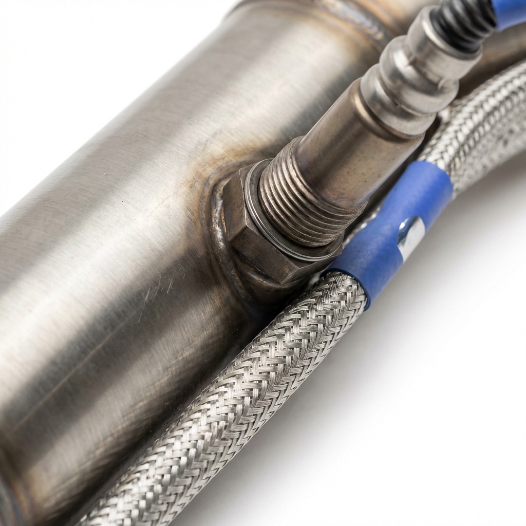 Close up of oxygen sensor and wiring harness on an exhaust pipe with visible threads and heat shielding ideal for a toyota land cruiser for sale listing