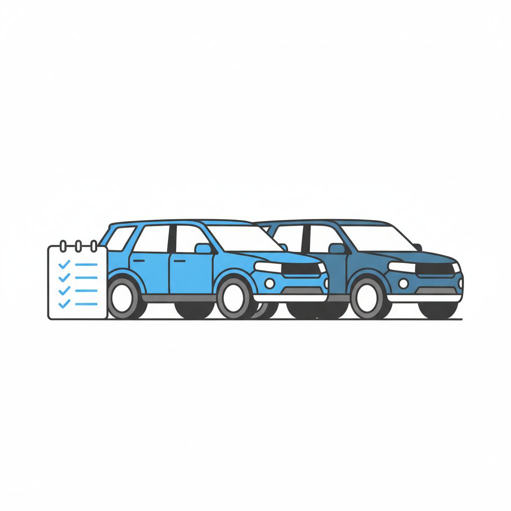 Minimalist 2D vector of two three row SUVs side by side in a parking lot with a notepad showing three check marks for safety and reliability ideal for suv used cars for sale