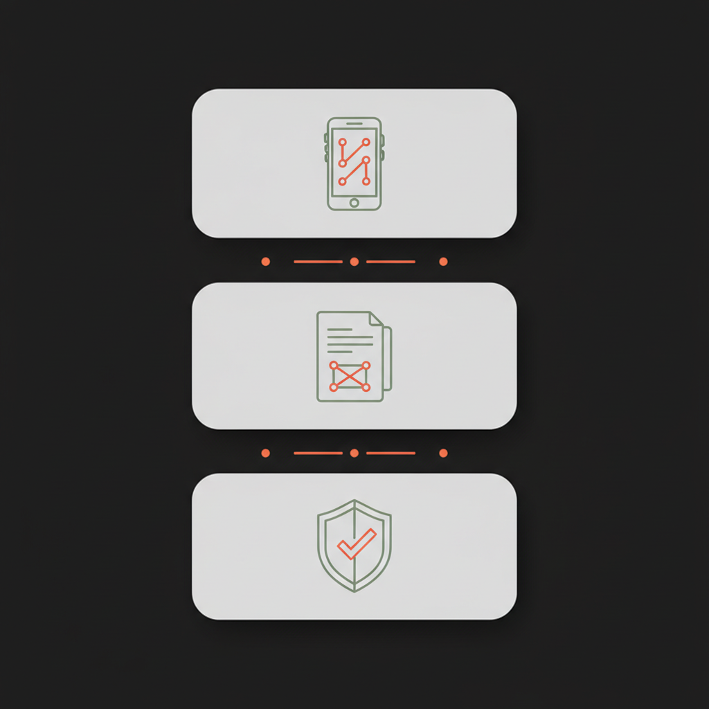 Minimal vertical infographic of three stacked subscription tiers with phone, document, and shield icons in brand colors on black background — how much is it to get verified on Twitter