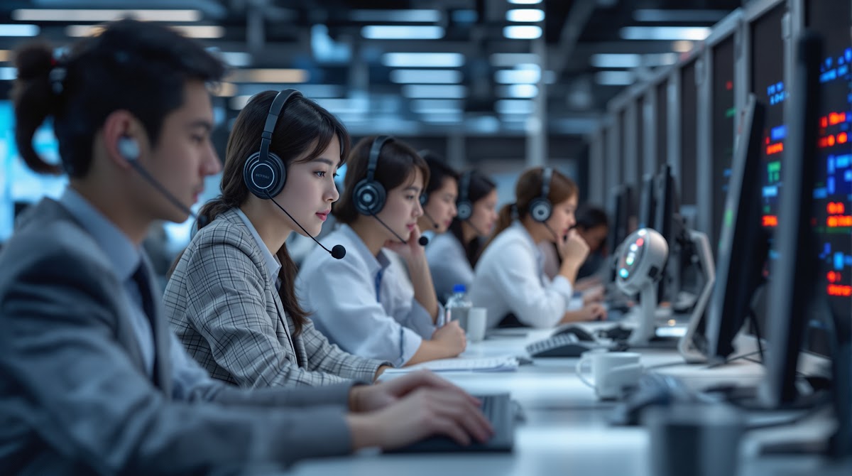 글로벌유통통역  시스트란(SYSTRAN) AI 번역 솔루션이 적용된 글로벌 기업 콜센터, 다국어 고객 상담과 보안이 강화된 번역 서버 환경에서 다양한 산업군 담당자가 효율적으로 일하는 모습