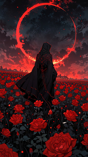 Hooded Figure in Red Rose Field Under Blood Moon - Free mobile Wallpaper