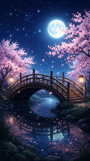 Anime Cherry Blossom Moonlit Traditional Wooden Bridge Wallpaper - Free mobile Wallpaper