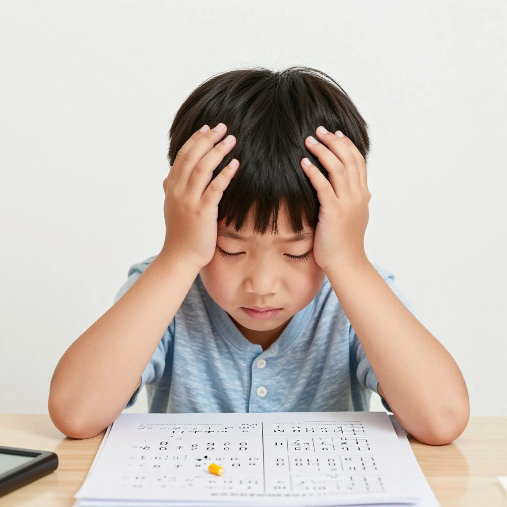 수학 문제를 풀다가 막혀서 어려워하는 초등학생 모습