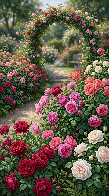 Abundant Rose Garden in Full Bloom with Crimson and Pink Petals - Free mobile Wallpaper
