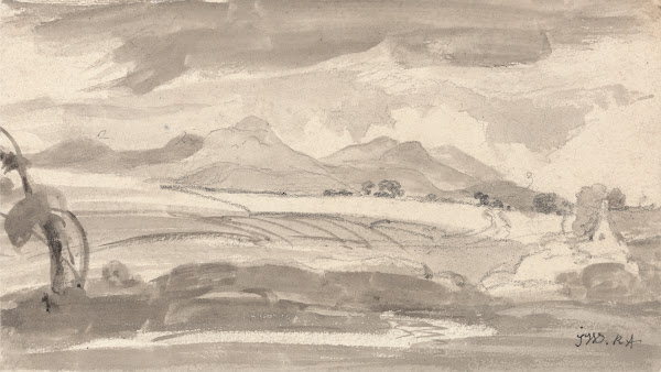 View Overlooking Fields to Distant Mountains with a Cottage at Right