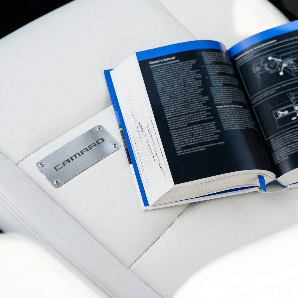 Close full frame photo of a Camaro VIN plate next to an open owner manual on a white seat highlighting documentation checks camaros for sale
