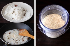 Cho gạo tẻ, gạo nếp, hoa hồi, 1 muỗng cà phê tiêu vào chảo, bật bếp và rang trên lửa nhỏ. Khi gạo rang ngả màu vàng sáng, hoa hồi, hạt tiêu dậy thơm thì tắt bếp. Đổ vào cối giã dập nhưng không nhuyễn mịn.