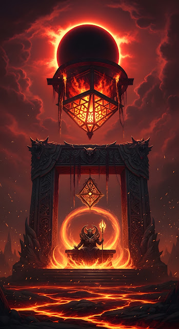 Demon King on Throne of Fire Under the Red Sun Eclipse - Free mobile Wallpaper