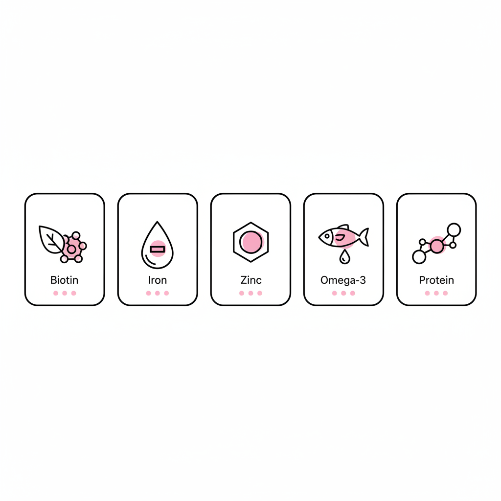 Minimalistische 2D-Vektor-Infografik mit Icons für Biotin, Eisen, Zink, Omega-3 und Protein, grafische Bullet-Punkte, passend zum Thema welcher Nährstoff stärkt die Nägel