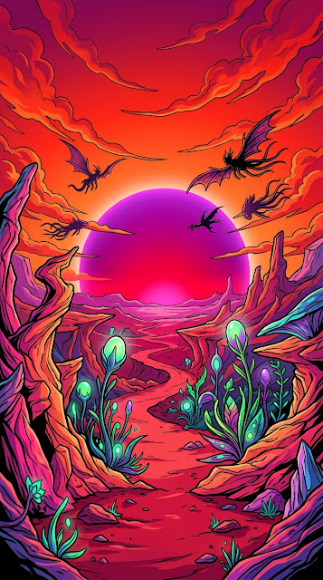 Stylized Alien Desert Landscape at Sunset - Free mobile Wallpaper