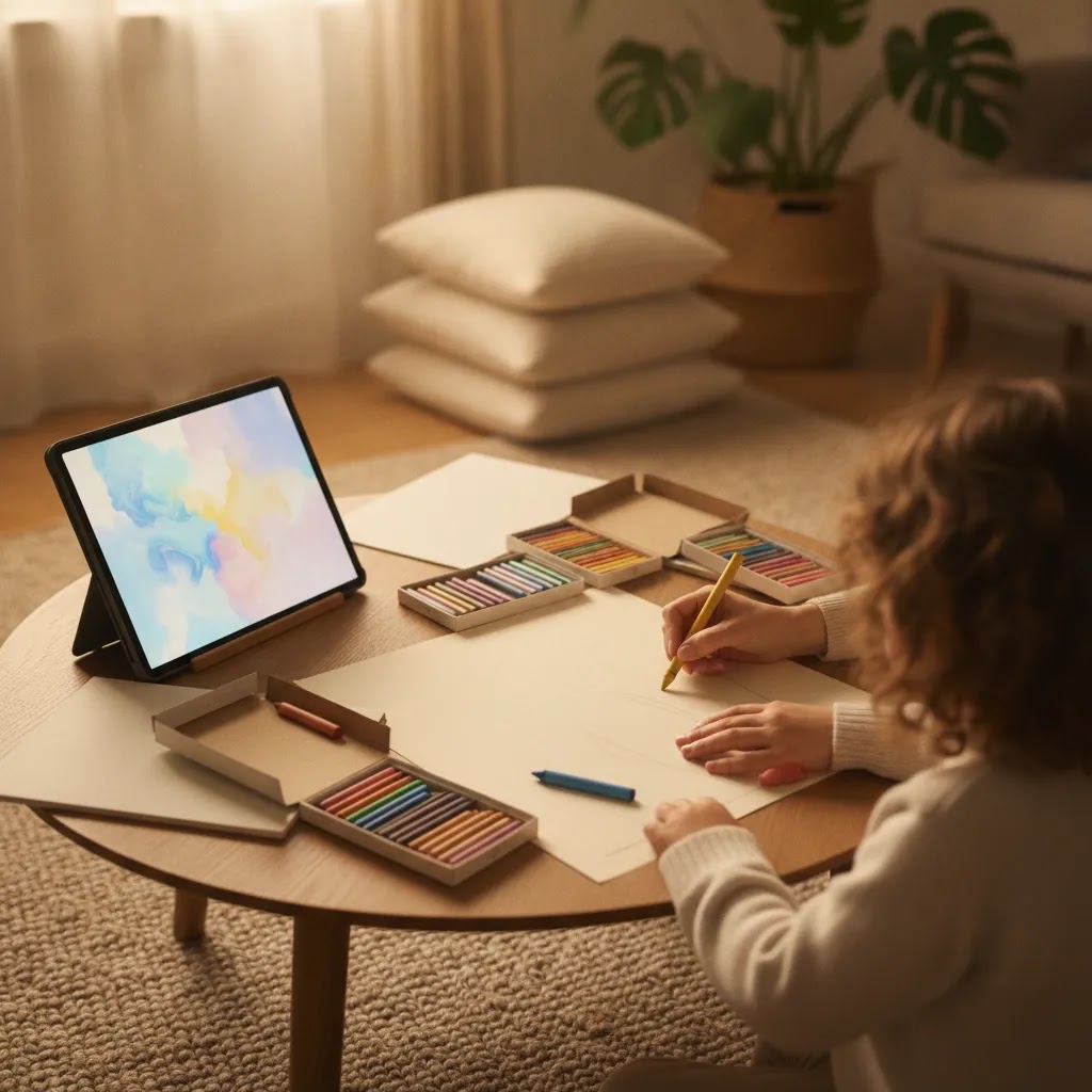 Child using art-based digital support at home for mental health apps for kids guide