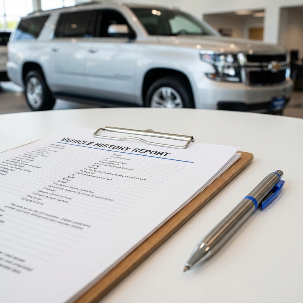 Close up of vehicle history report on clipboard with pen and softly focused Chevy Suburban in background chevy suburban for sale