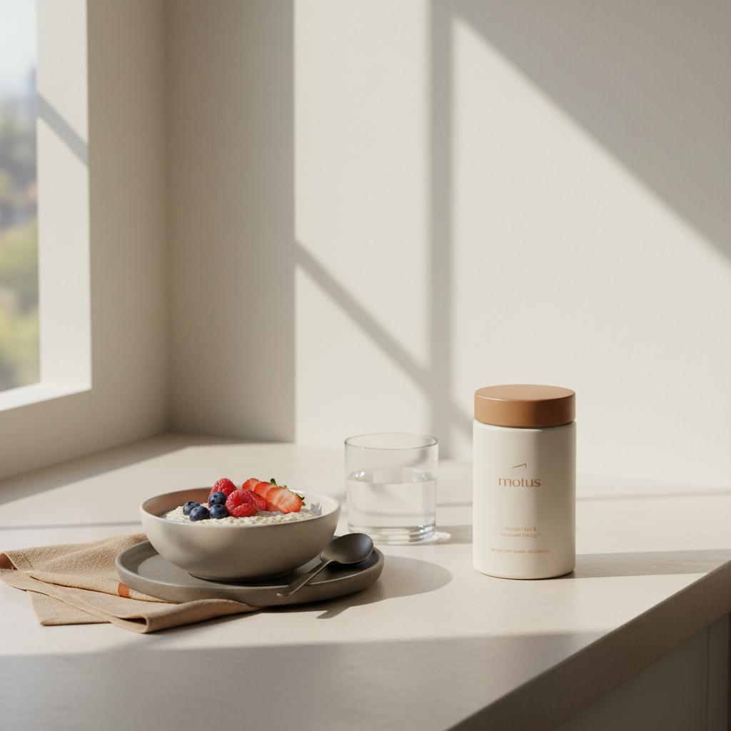 Minimalist kitchen scene with Tonum Motus jar beside an oat bowl with berries and a glass of water, promoting gut bacteria weight loss and daily wellness.