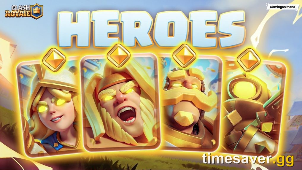Clash Royale Heroes lineup showing several Hero cards you can choose to unlock with your 200 Hero Coins.