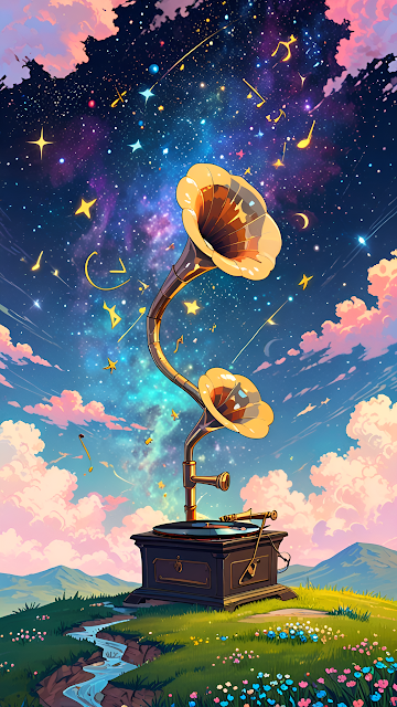Cosmic Gramophone Playing Music into the Starry Galaxy - Free mobile Wallpaper