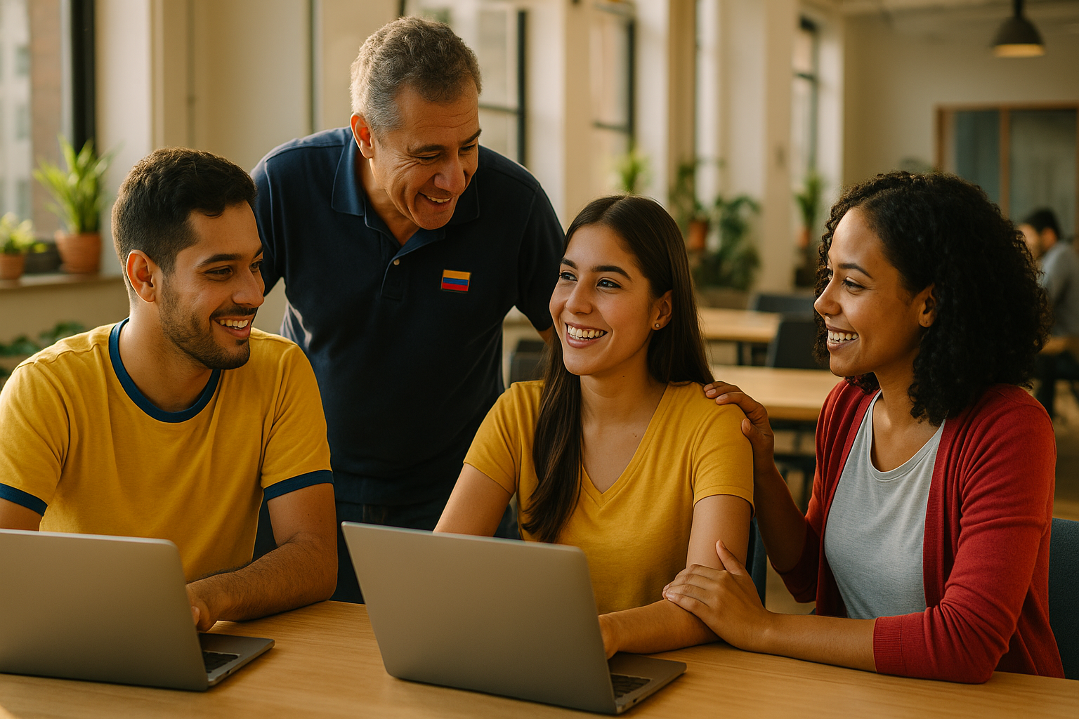 Venezolanos en un espacio de coworking compartiendo mentoría y sonrisas