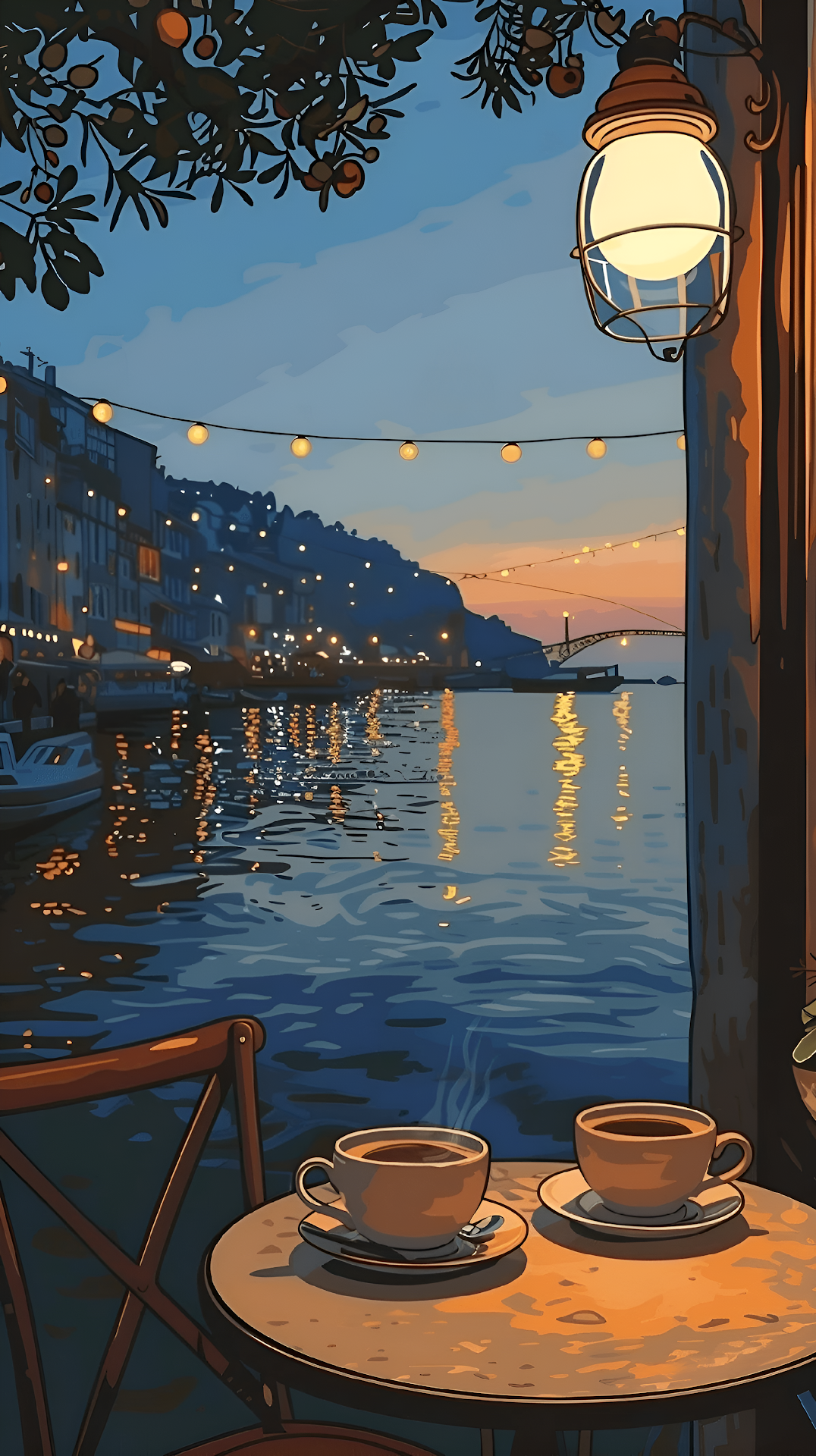 Cozy Cafe Table View of Evening Riverside City Lights Illustration - Free 4K mobile Wallpaper