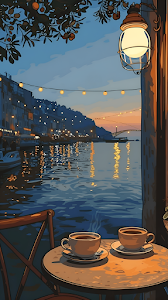 Cozy Cafe Table View of Evening Riverside City Lights Illustration