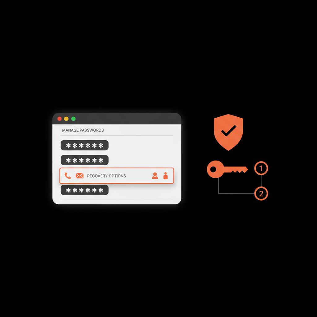 Minimal vector infographic of a browser password manager and secure recovery icons on black background, designed to illustrate google account recovery guidance.