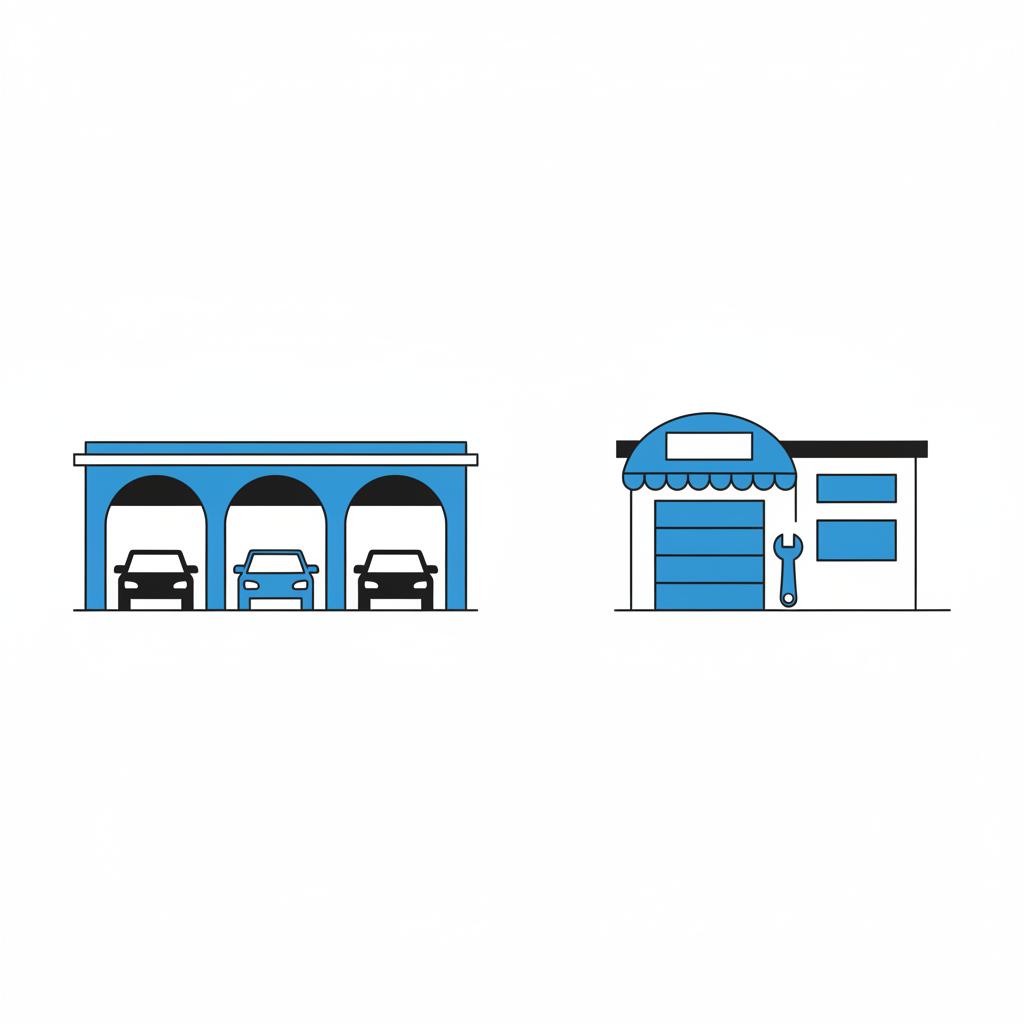 Minimal side by side vector illustration of a dealership service lane and a local independent shop exterior illustrating consumer choice bmw car dealership near me