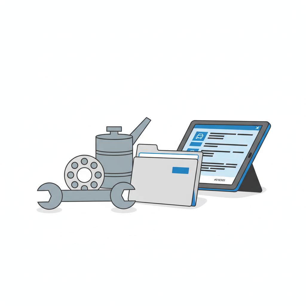 Minimalist 2D vector workshop scene with mechanic tools service record folder and a digital tablet showing a vehicle history report highlighting Honda reliability by mileage