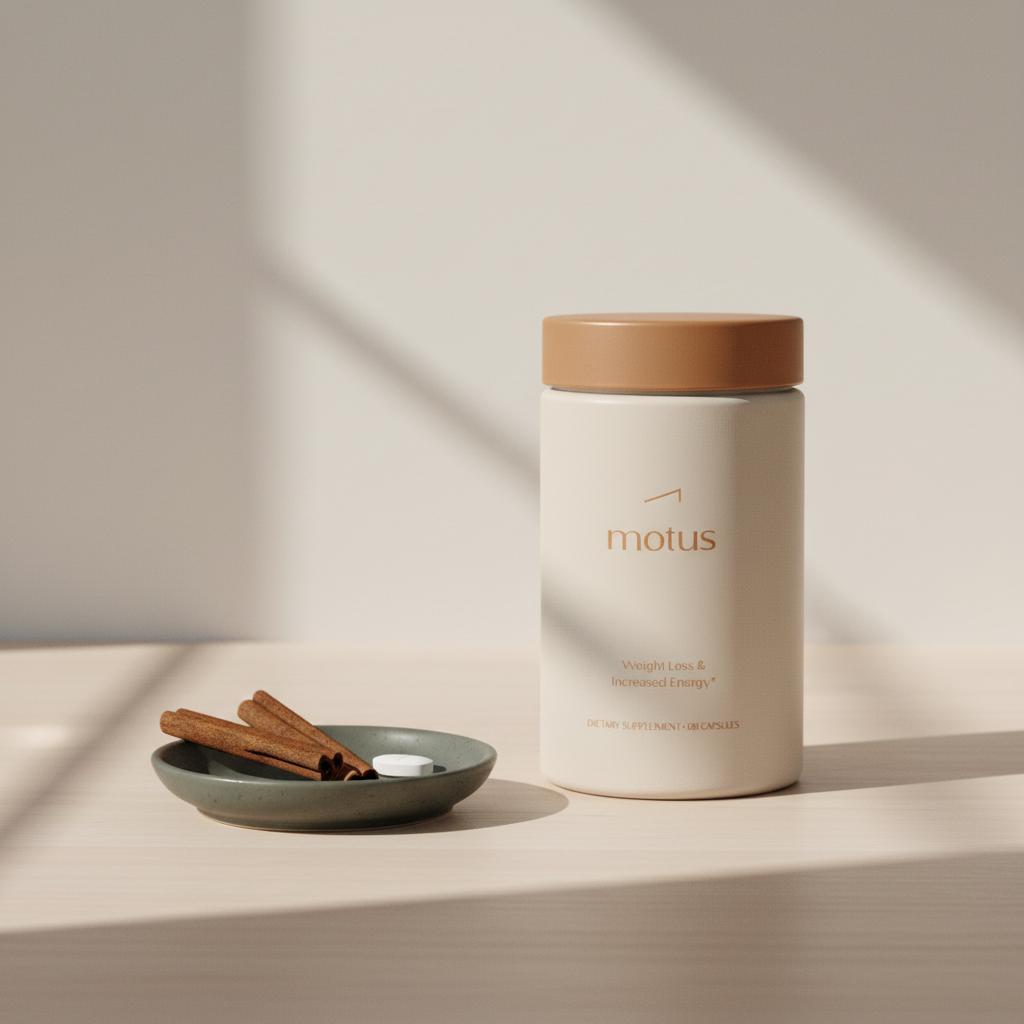 Minimalist kitchen counter with the Tonum supplement bottle from reference next to a small dish of cinnamon sticks and a magnesium tablet, styled in Tonum colors, natural blood sugar supplements