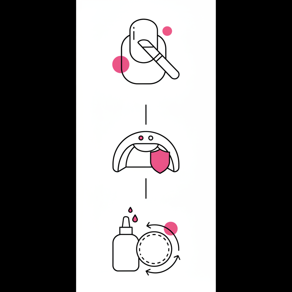 Minimalistische 2D Vektor-Infografik mit drei Icons (Nagelvorbereitung, UV/LED-Lampe mit Schutz, schonende Entfernung) – DIY Gel Nails Starter Kit