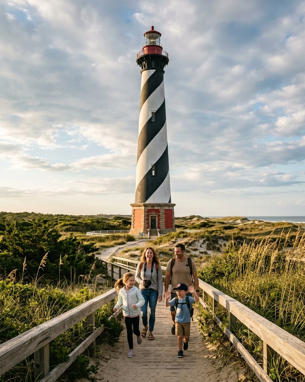 Cape Hatteras candy-stripe lighthouse with family on boardwalk path Outer Banks NC
