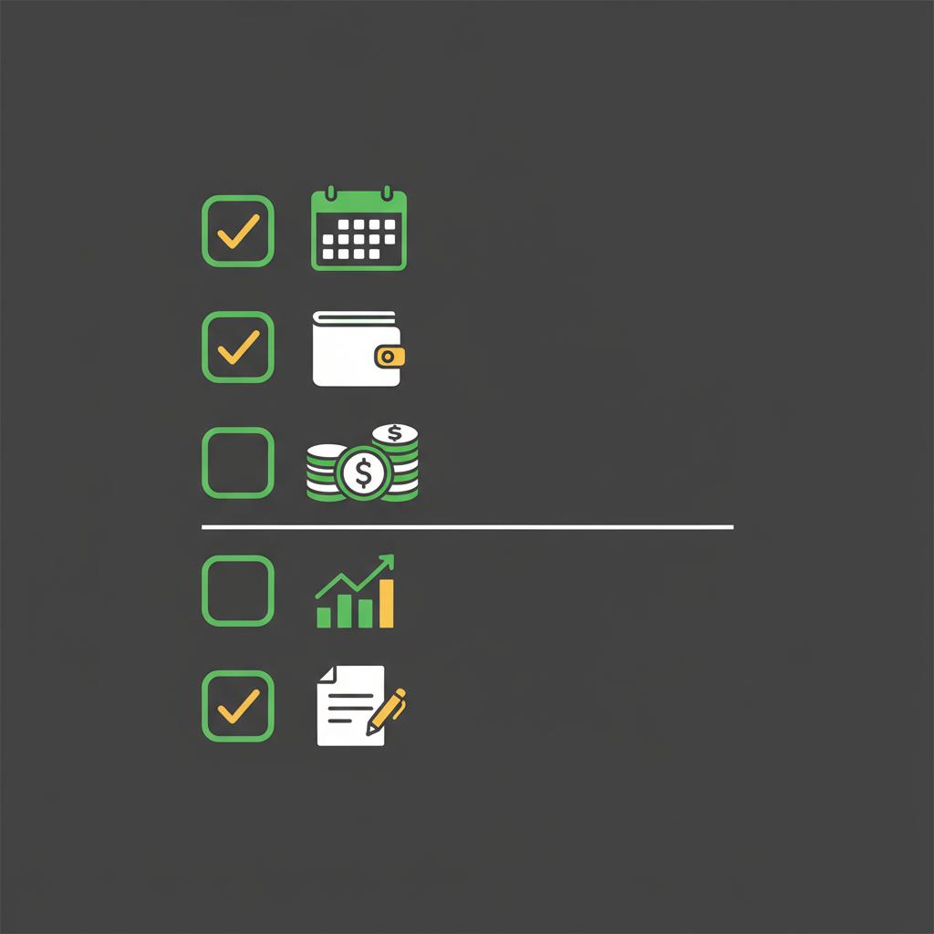 Minimal 2D vector checklist showing five icon rows for date wallet address fiat value exchange report and notes on a dark background using Finance Police colors and no text best place to buy crypto