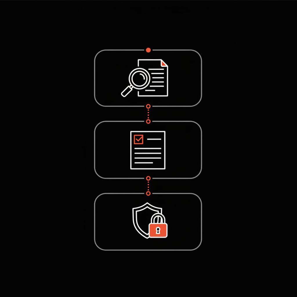Minimal 2D vector checklist infographic with three icons (evidence, recovery form, secure account) on black background illustrating how to recover Outlook email.