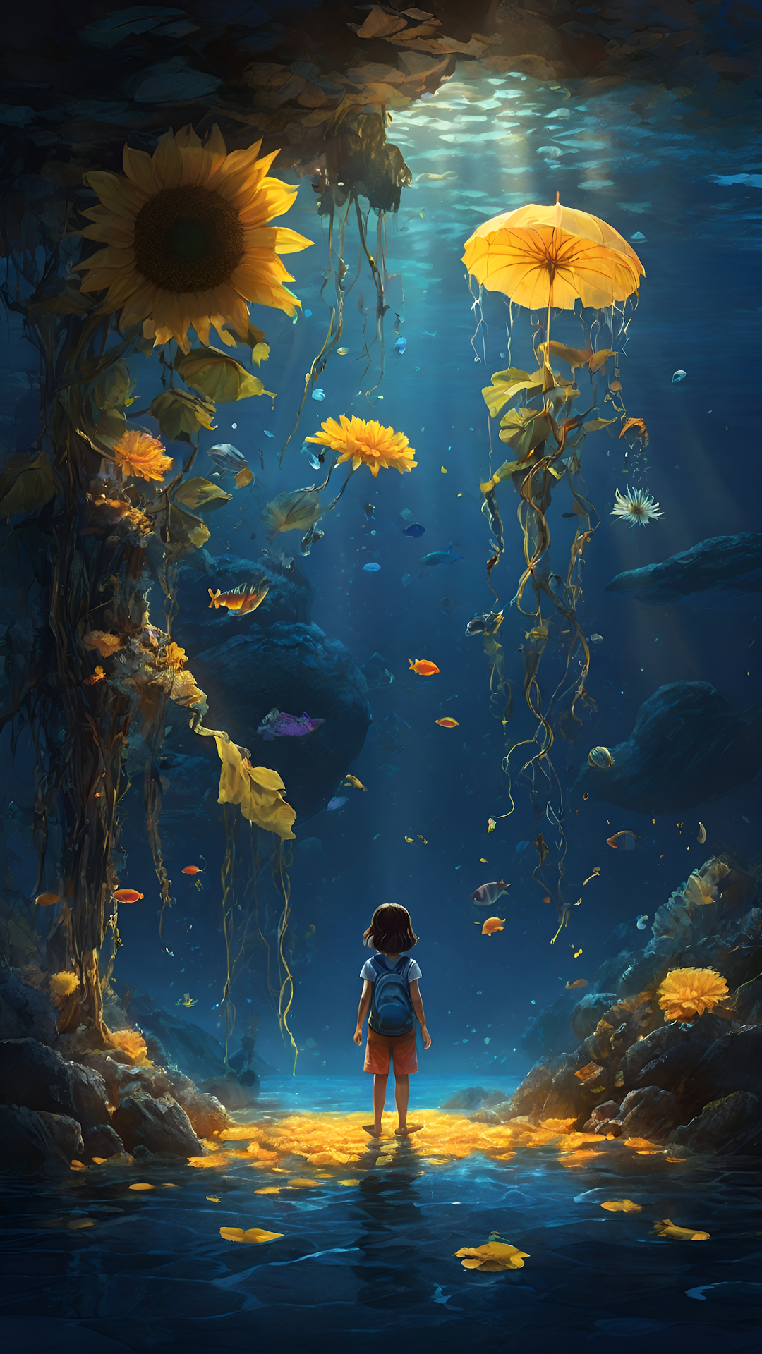Child Exploring Underwater Garden with Sunflowers - Free 4K mobile Wallpaper