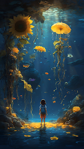 Child Exploring Underwater Garden with Sunflowers