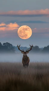 Majestic Stag Under Supermoon Twilight Fog Landscape